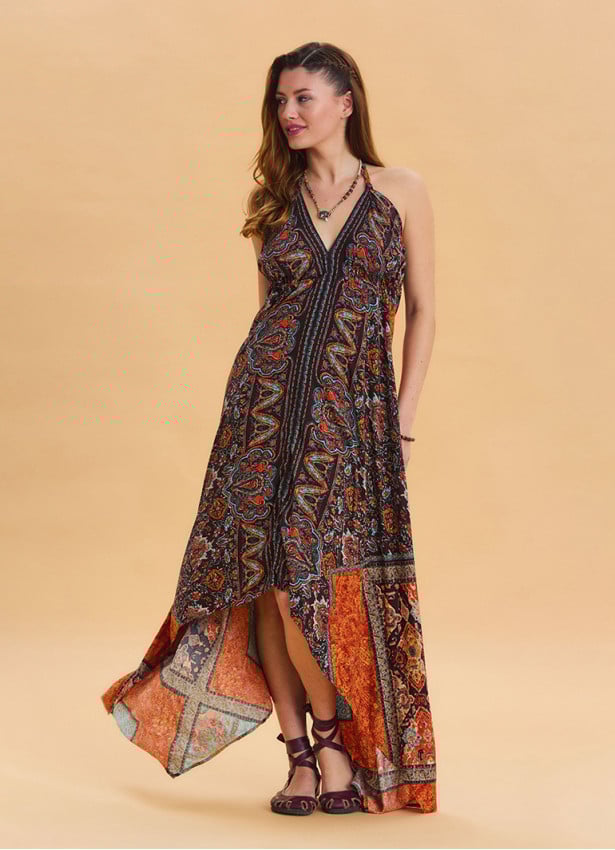 V Neck Backless Halter Neck Coffee Ethnic Dress 4654